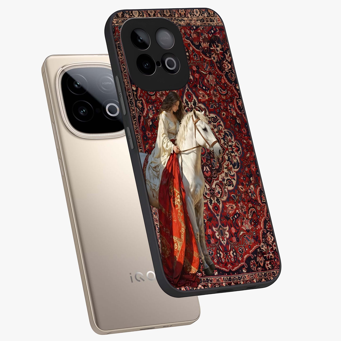 Royal Rider Tapestry Glass Case displayed in angled mockup highlighting traditional tapestry design with royal heritage aesthetic.