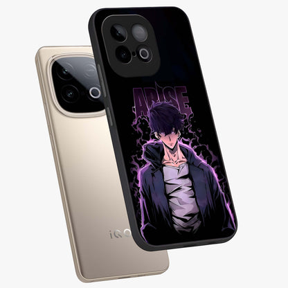 Shadow Monarch Awakening Glass Case displayed in angled mockup highlighting dramatic shadow warrior design with fantasy aesthetic.