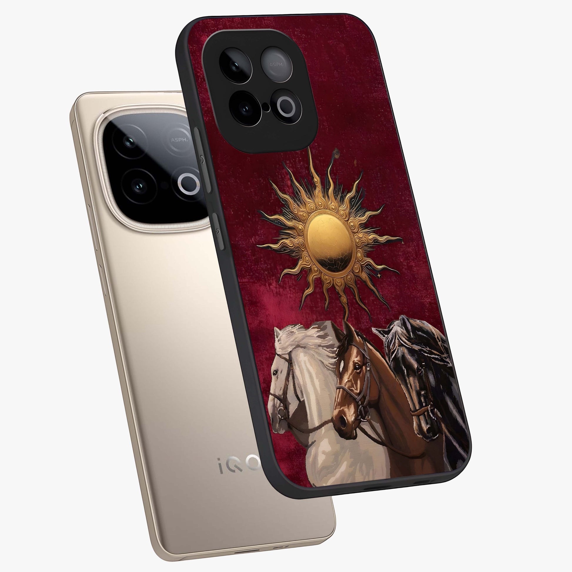 Solar Riders Glass Case displayed in angled mockup highlighting powerful rider illustration with radiant solar aesthetic.