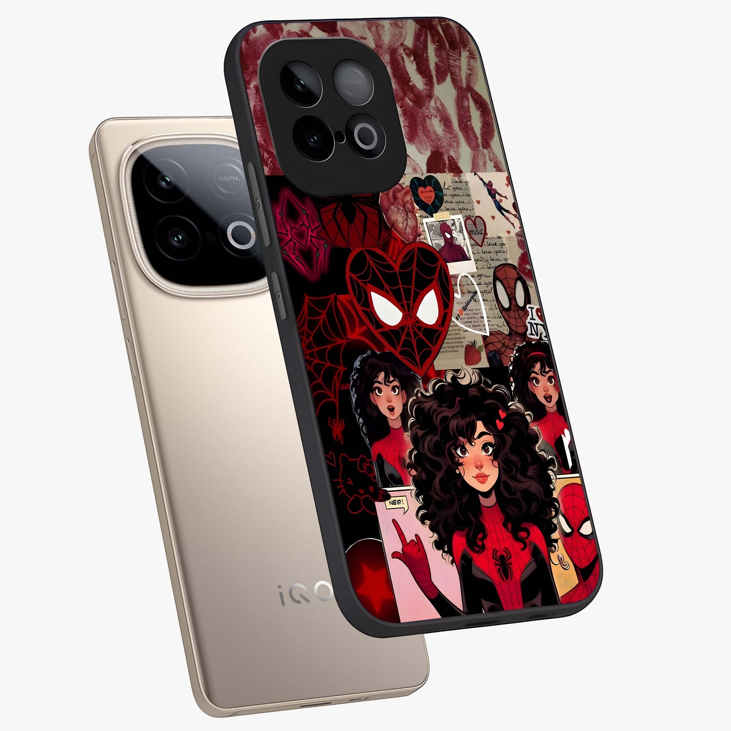 Spider Love Story Glass Case displayed in angled mockup highlighting expressive comic inspired design with playful aesthetic.
