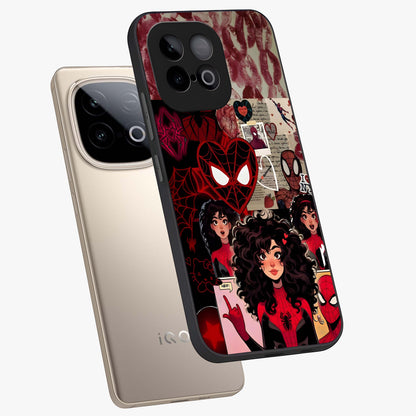 Spider Love Story Glass Case displayed in angled mockup highlighting expressive comic inspired design with playful aesthetic.