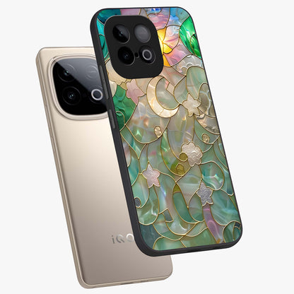 Stained Sunrise Glow Glass Case displayed in angled mockup highlighting radiant sunrise design with artistic aesthetic style.