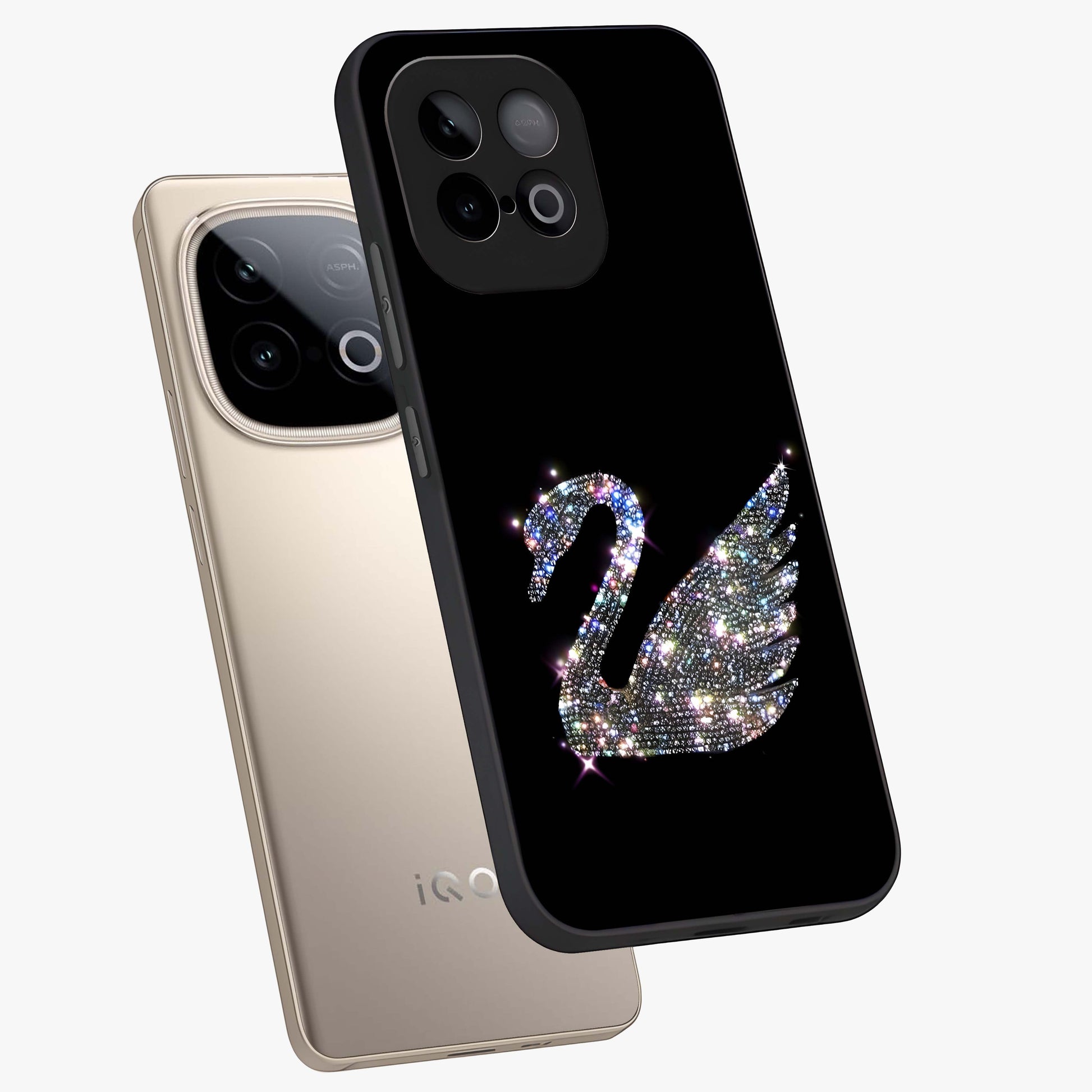 Starlit Swan Grace Glass Case displayed in angled mockup highlighting elegant swan illustration with dreamy celestial aesthetic.