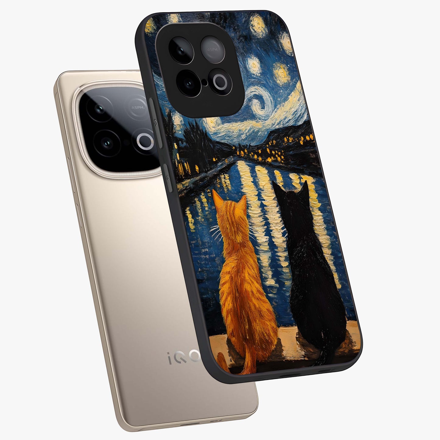 Starry River Cats Glass Case displayed in angled mockup highlighting charming feline illustration with dreamy night aesthetic.
