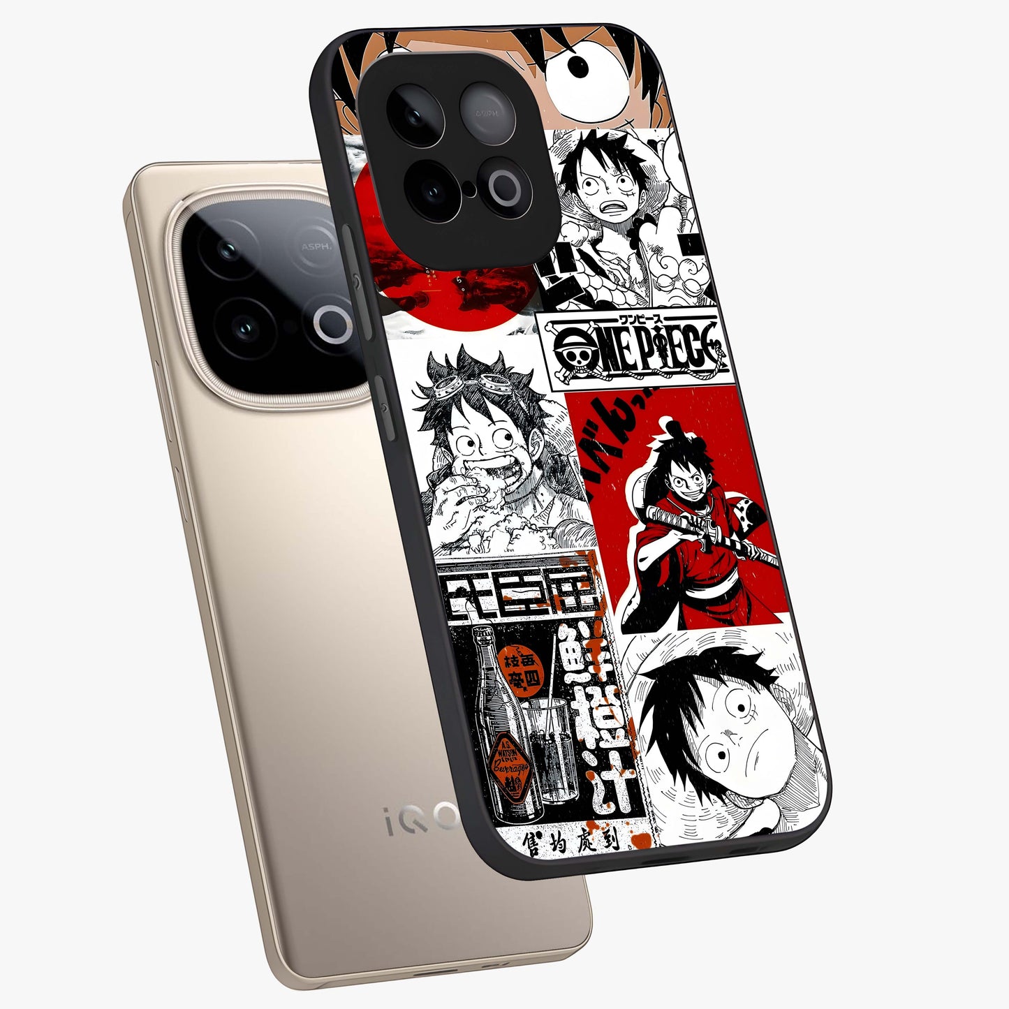 Strawhat Chaos Panels Glass Case displayed in angled mockup highlighting vibrant anime collage design with action aesthetic.