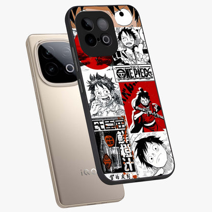 Strawhat Chaos Panels Glass Case displayed in angled mockup highlighting vibrant anime collage design with action aesthetic.