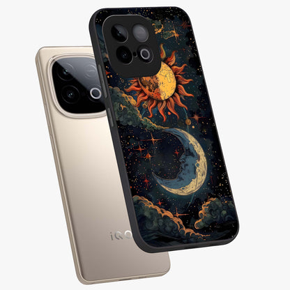 Sun And Moon Magic Design Glass Case displayed in angled mockup highlighting celestial design with magical cosmic aesthetic.