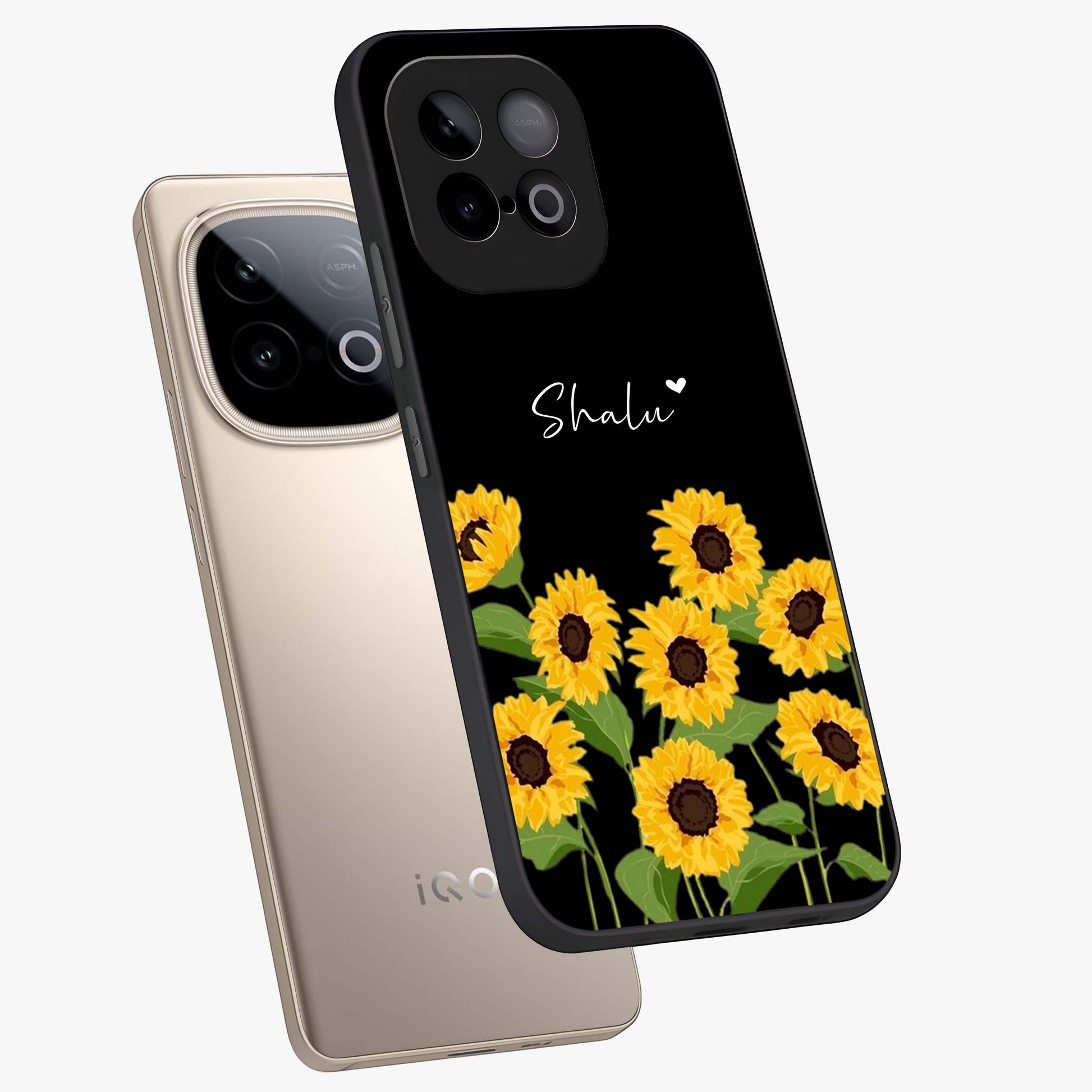 Sunflower Chic Mood Custom Name Glass Case displayed in angled mockup highlighting vibrant sunflower design with custom name feature.