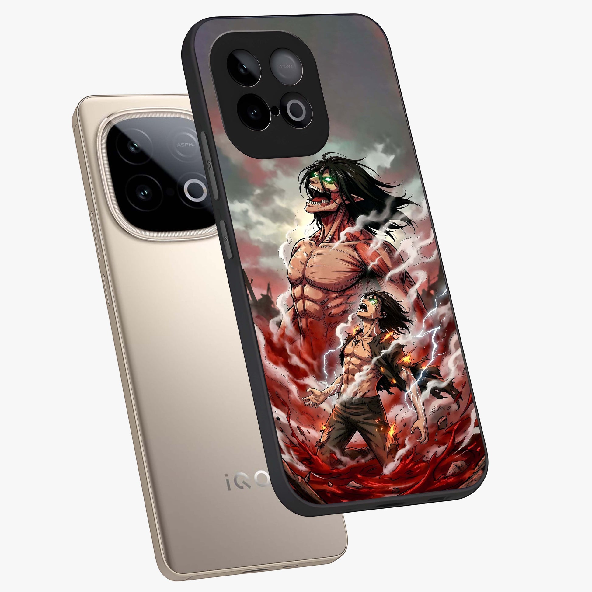 Titan Awakening Fury Glass Case displayed in angled mockup highlighting dramatic giant warrior design with bold anime aesthetic.