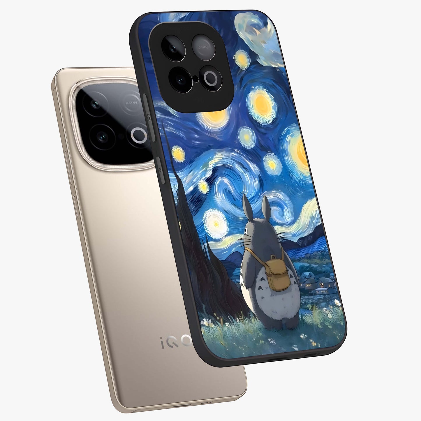 Totoro In Van Gogh Art Glass Case displayed in angled mockup highlighting artistic swirling sky design with playful animation aesthetic.