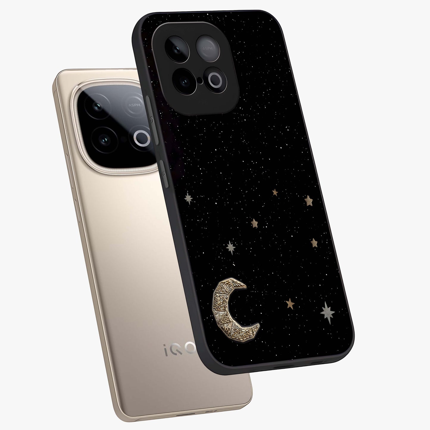 Twinkle Star With Half Moon Glass Case displayed in angled mockup highlighting celestial moon and star design with magical aesthetic.