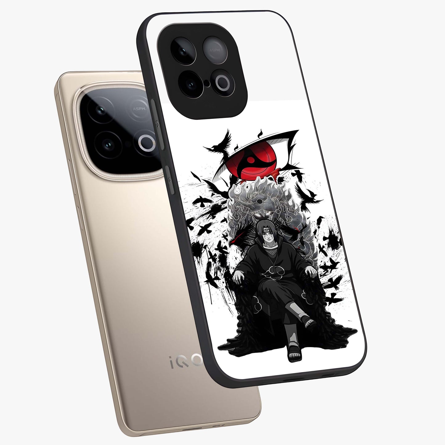 Uchiha Shadow Throne Glass Case displayed in angled mockup highlighting glowing aquatic design with celestial aesthetic.