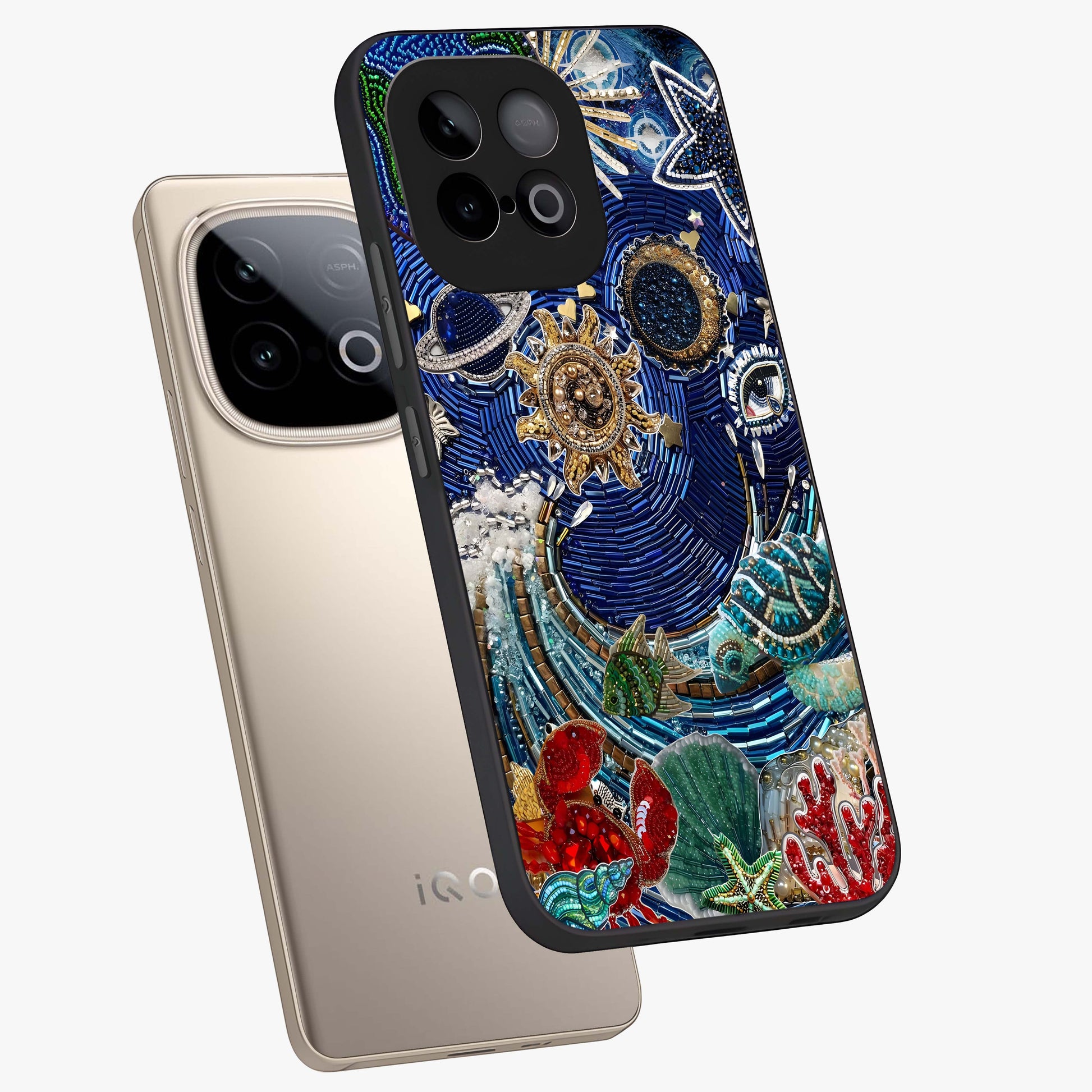 Universe Underwater Spark Glass Case displayed in angled mockup highlighting glowing aquatic design with celestial aesthetic.
