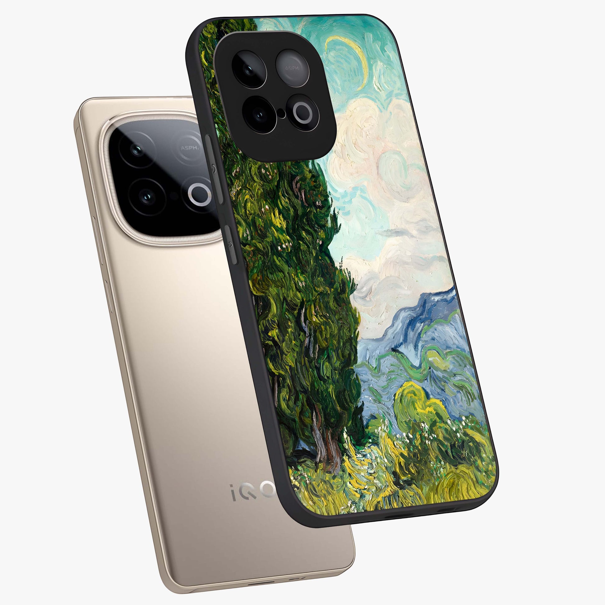 Van Gogh Vintage Art Glass Case displayed in angled mockup highlighting textured brushstroke design with classic aesthetic.