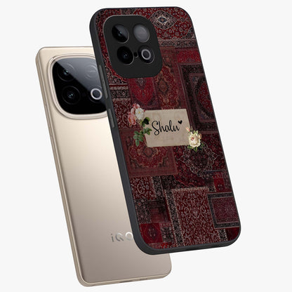 Velvet Wine Pattern Custom Name Glass Case displayed in angled mockup highlighting decorative velvet inspired design with custom name feature.