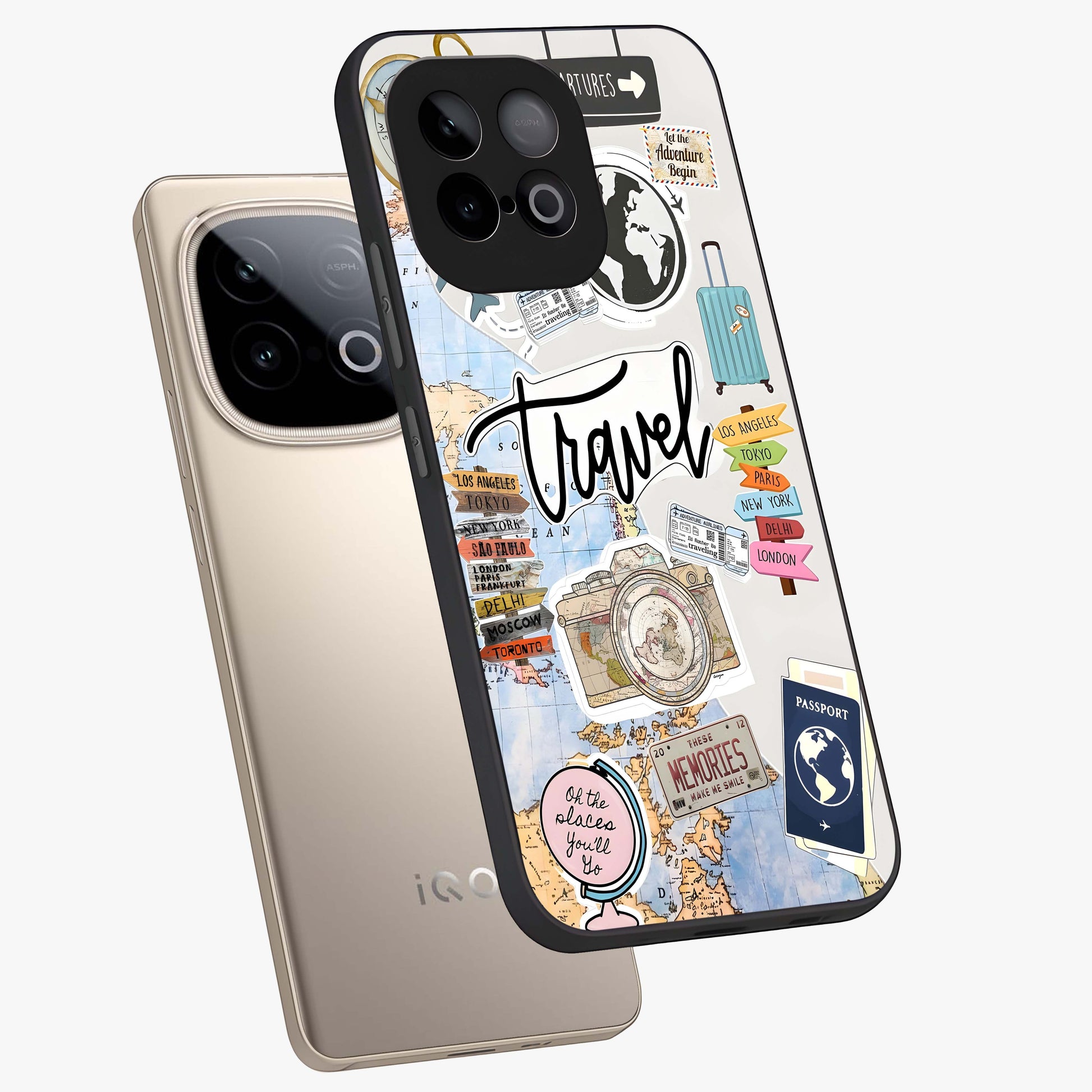 Wanderlust Journal Glass Case displayed in angled mockup highlighting adventure themed design with aesthetic travel vibe.