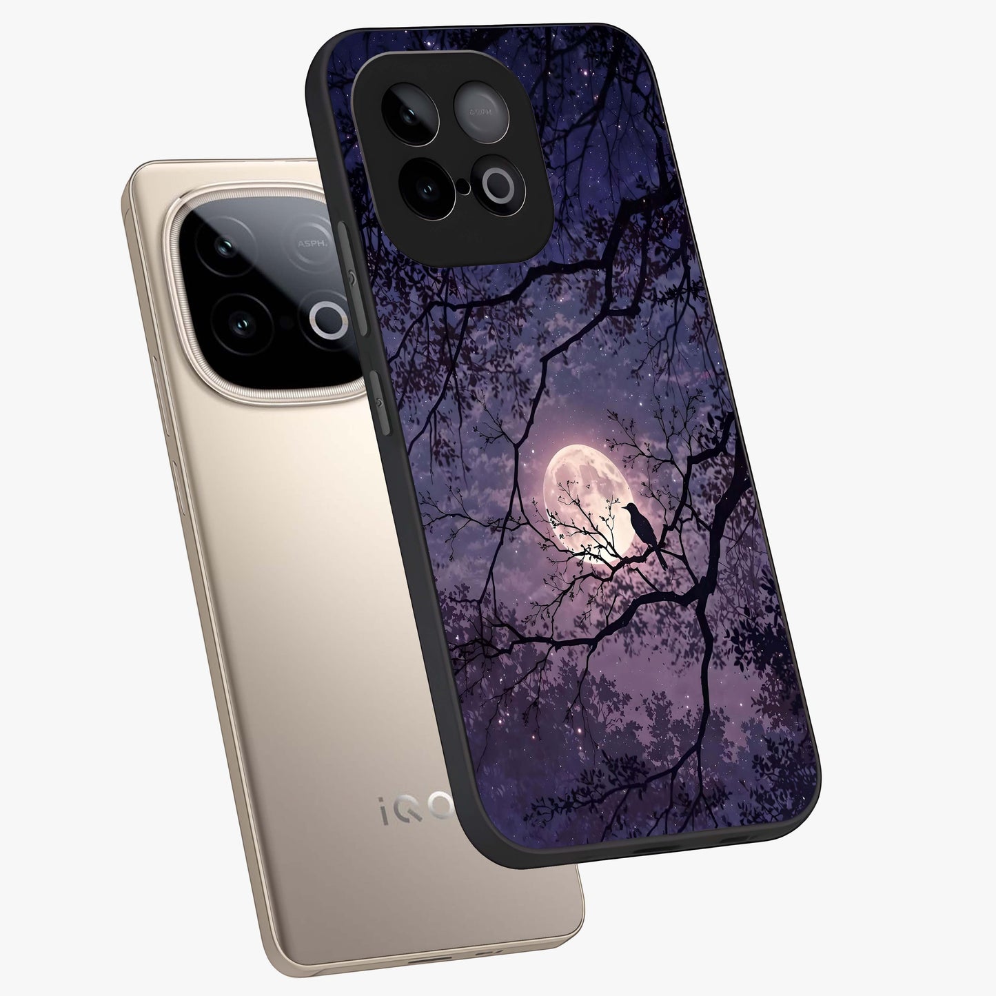 Whispering Moon Silence Glass Case displayed in angled mockup highlighting calm lunar design with dreamy night aesthetic.