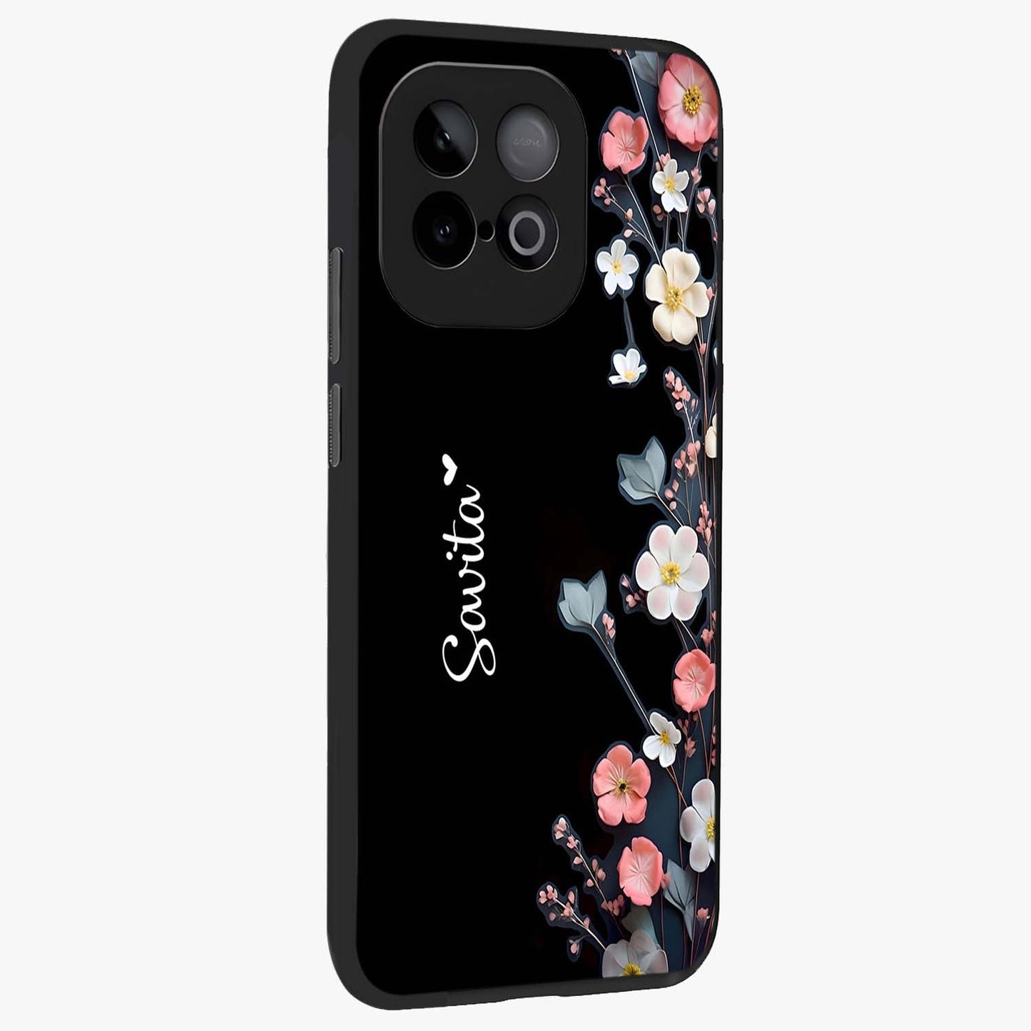 Black Elegance Floral Custom Name Glass Case upright view showcasing luxurious black floral design with personalized name detail.
