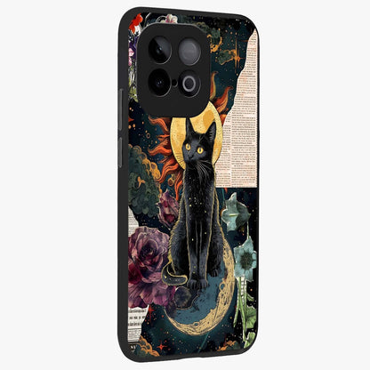 Celestial Black Cat Glass Case upright view showcasing magical black cat illustration with starry cosmic theme.