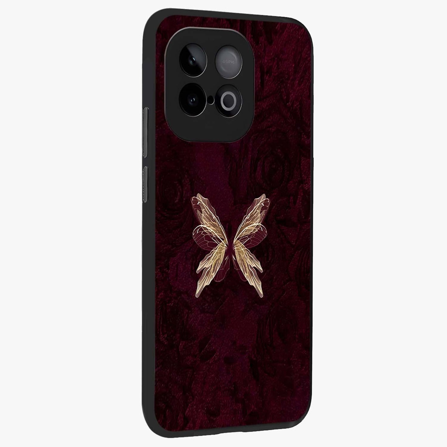 Crimson Fade Butterfly Glass Case upright view showcasing graceful butterfly artwork with soft crimson fade effect.