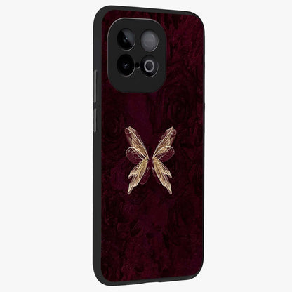 Crimson Fade Butterfly Glass Case upright view showcasing graceful butterfly artwork with soft crimson fade effect.