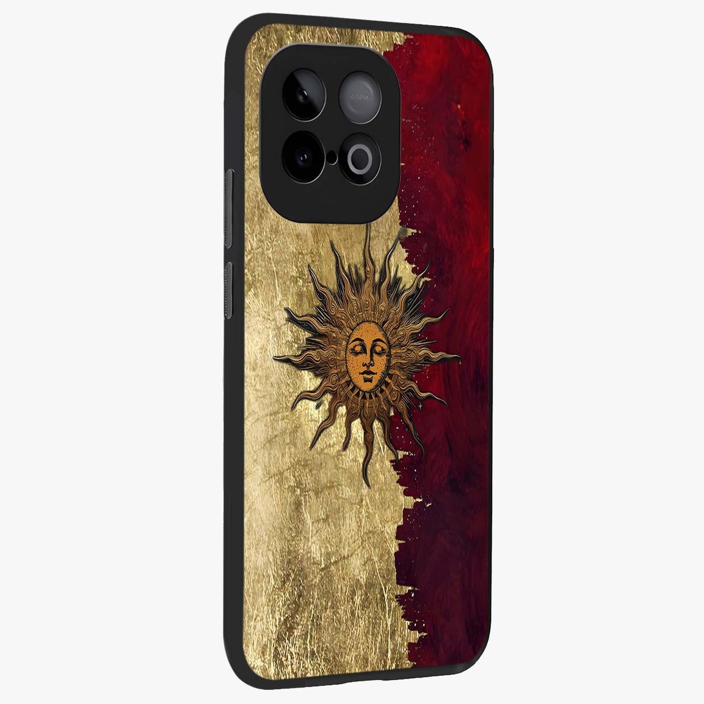 Crimson Sun Majesty Glass Case upright view showcasing vibrant sun artwork with powerful celestial theme.