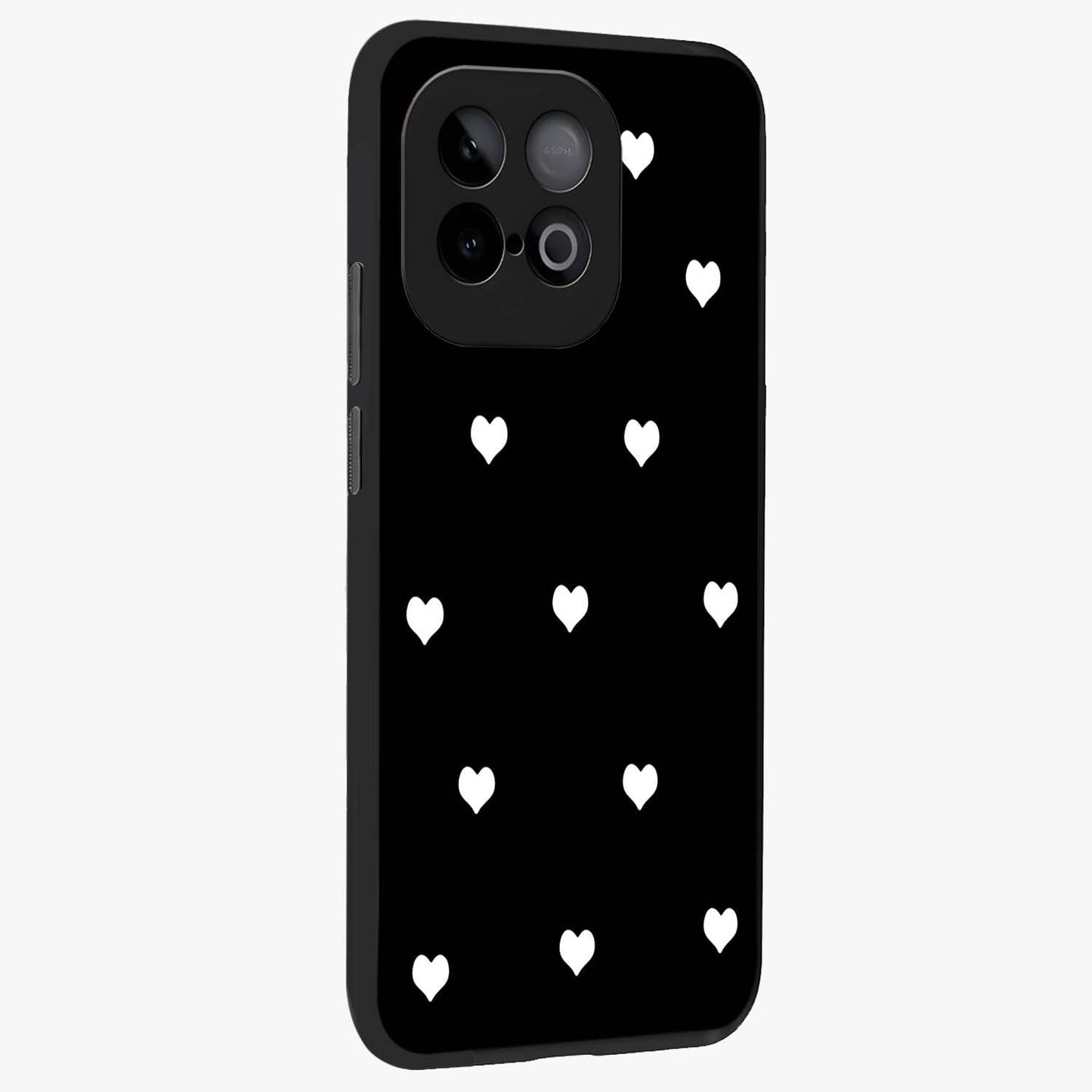 Cute And Simple White Hearts Glass Case upright view showcasing simple white hearts artwork with soft minimal theme.