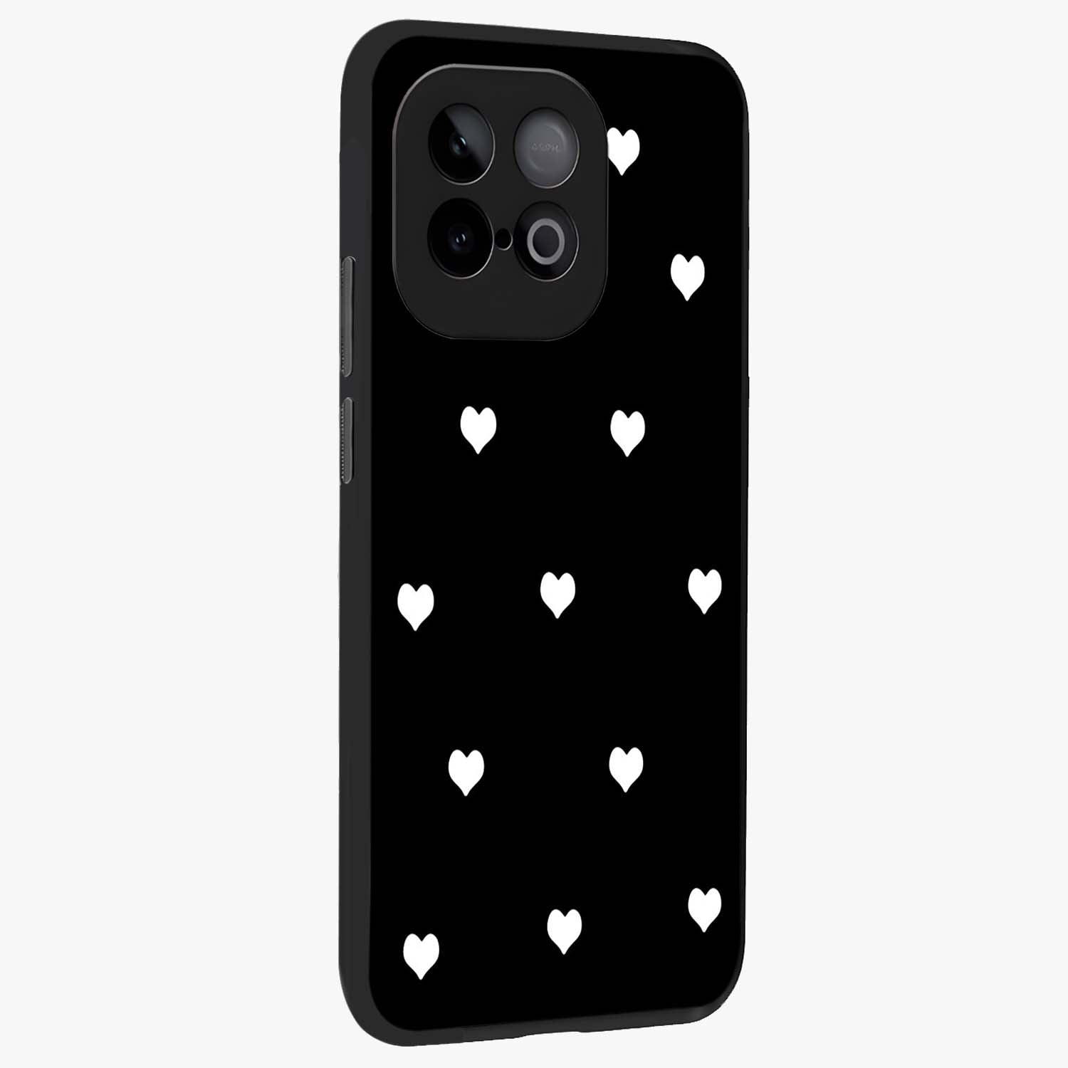 Cute And Simple White Hearts Glass Case upright view showcasing simple white hearts artwork with soft minimal theme.