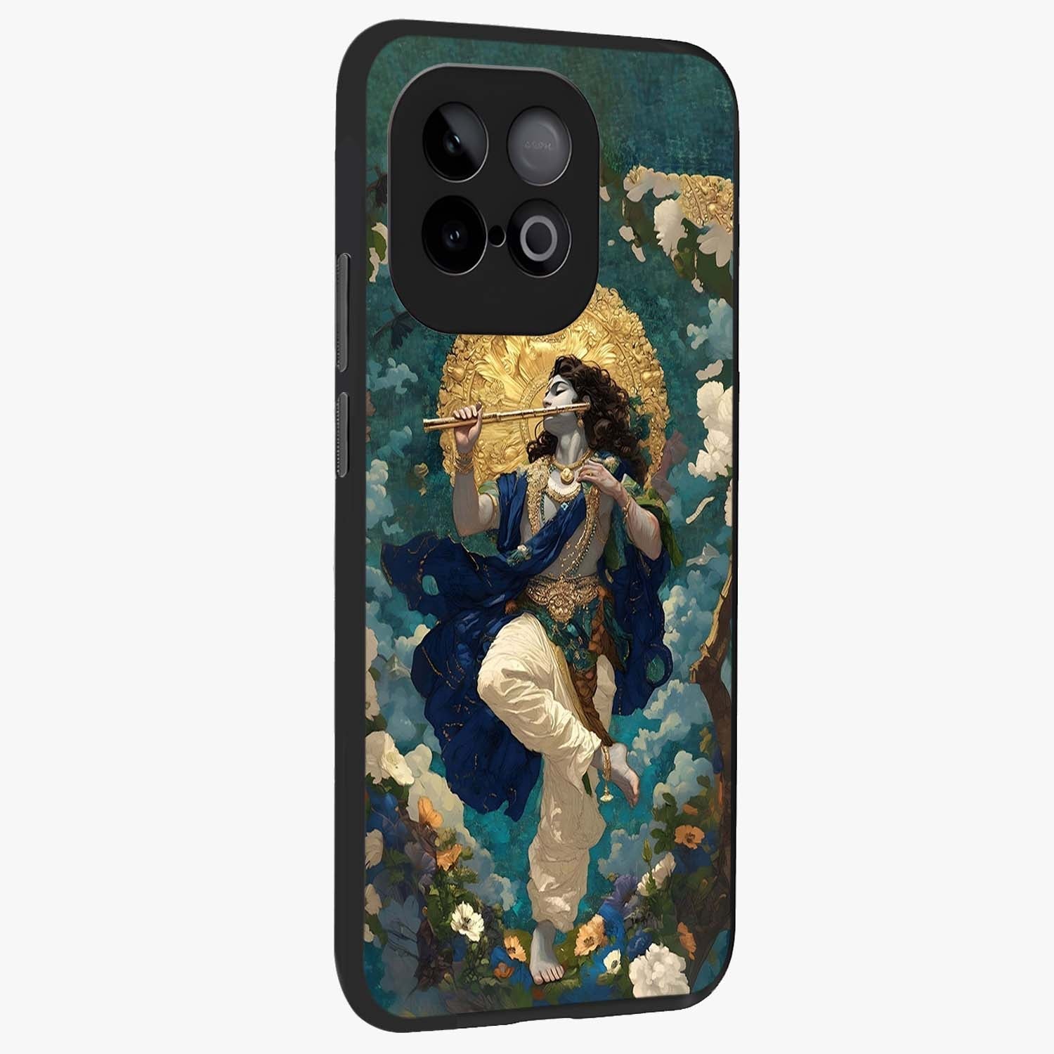 Divine Krishna Art Glass Case upright view showcasing divine Krishna artwork with sacred artistic theme.