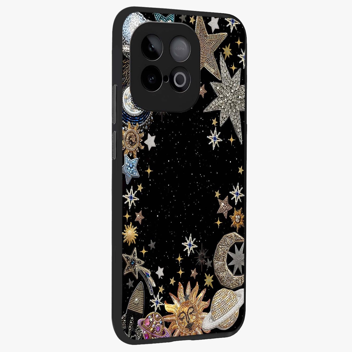 Galactic Jewel Stars Glass Case upright view showcasing glittering star jewel artwork with vibrant galaxy theme.