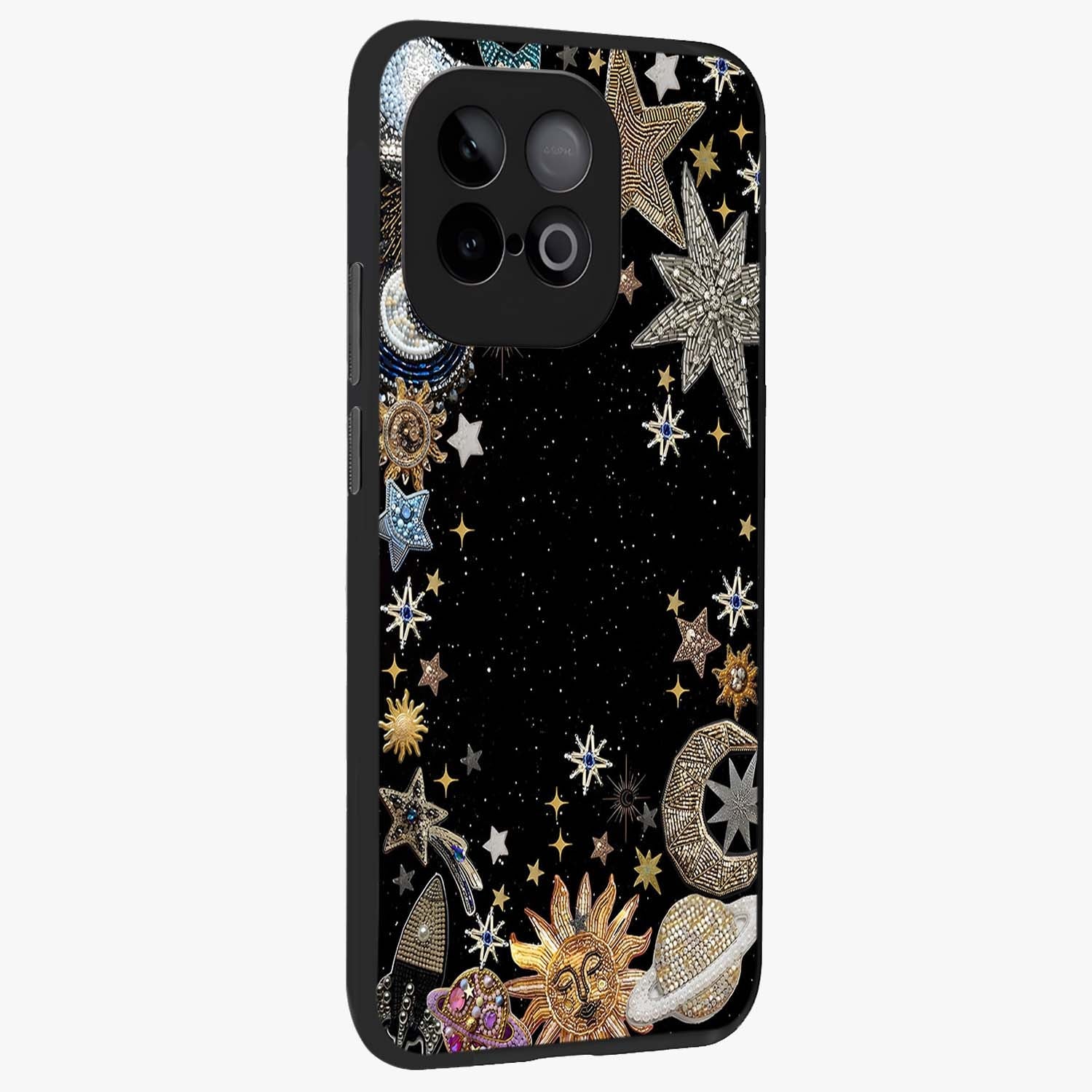 Galactic Jewel Stars Glass Case upright view showcasing glittering star jewel artwork with vibrant galaxy theme.