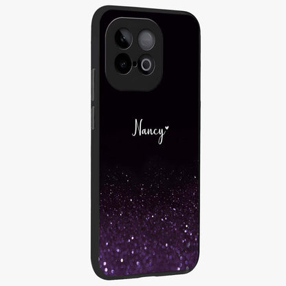 Glittery Purple Bokeh Custom Name Glass Case upright view showcasing vibrant purple sparkle artwork with personalized aesthetic style.