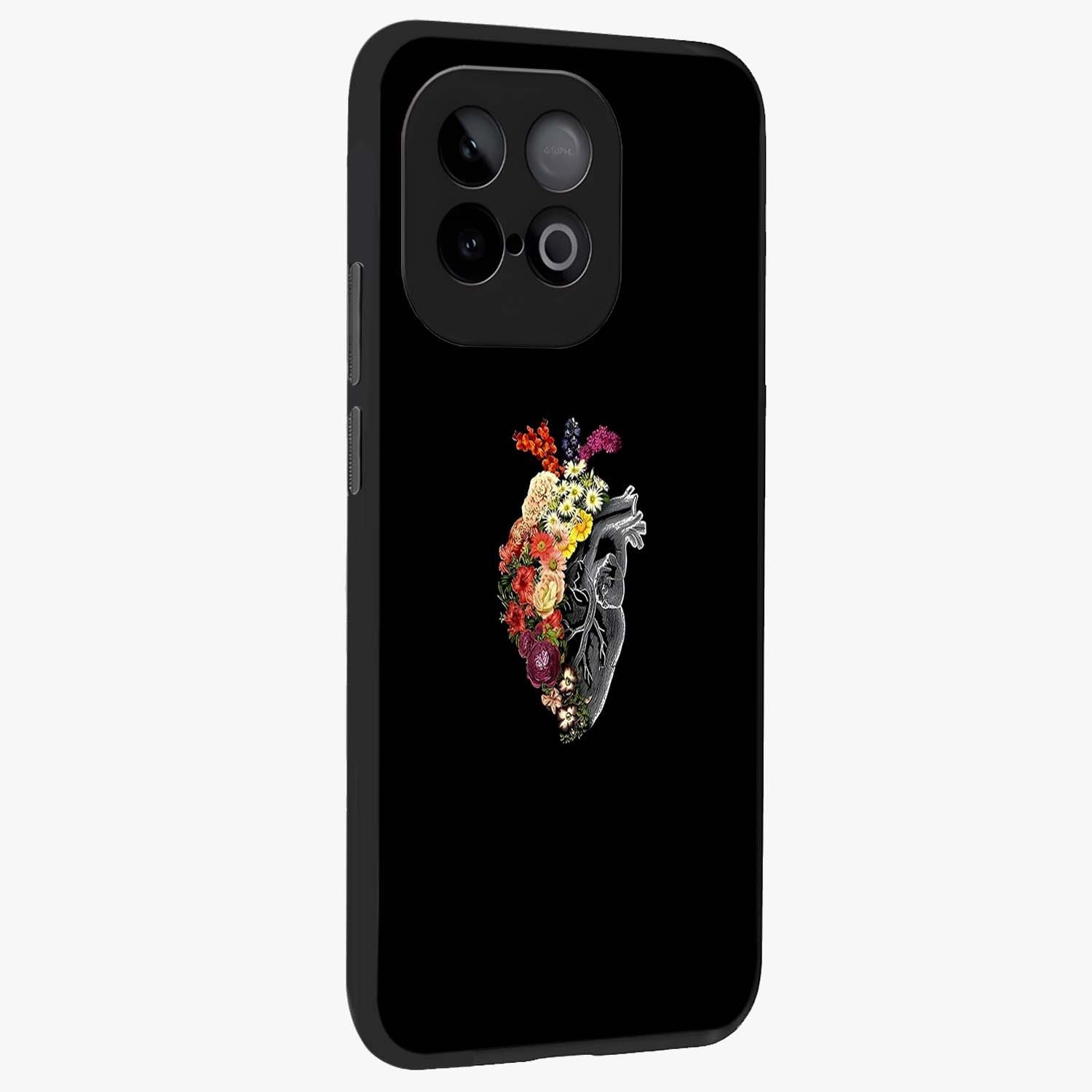 Heart With Flowers Glass Case upright view showcasing decorative heart and floral artwork with sweet romantic theme.