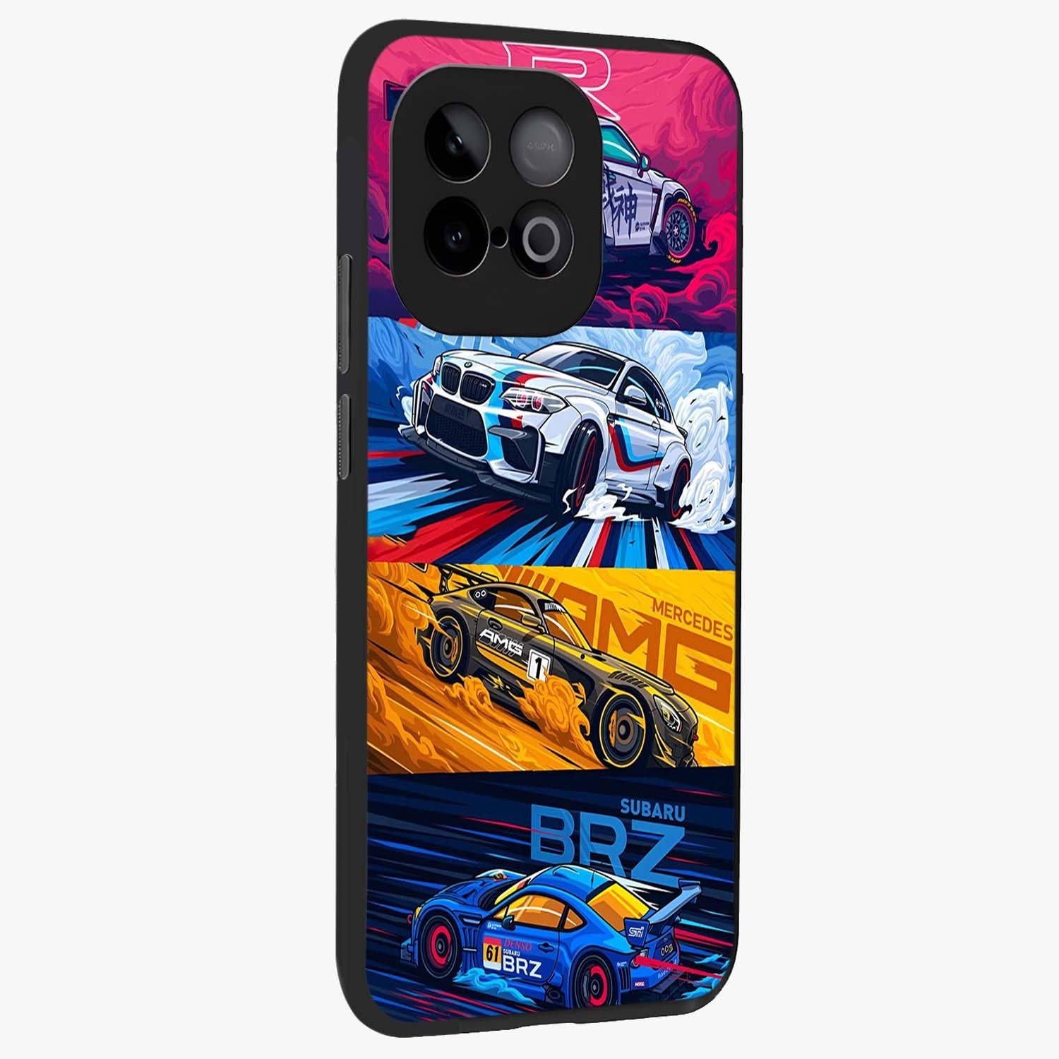 JDM Sports Car Glass Case upright view showcasing dynamic sports car artwork with bold racing theme.