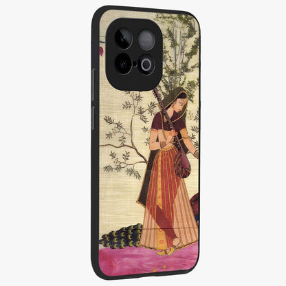 Lady With Veena Art Glass Case upright view showcasing classical veena artwork with traditional artistic theme.