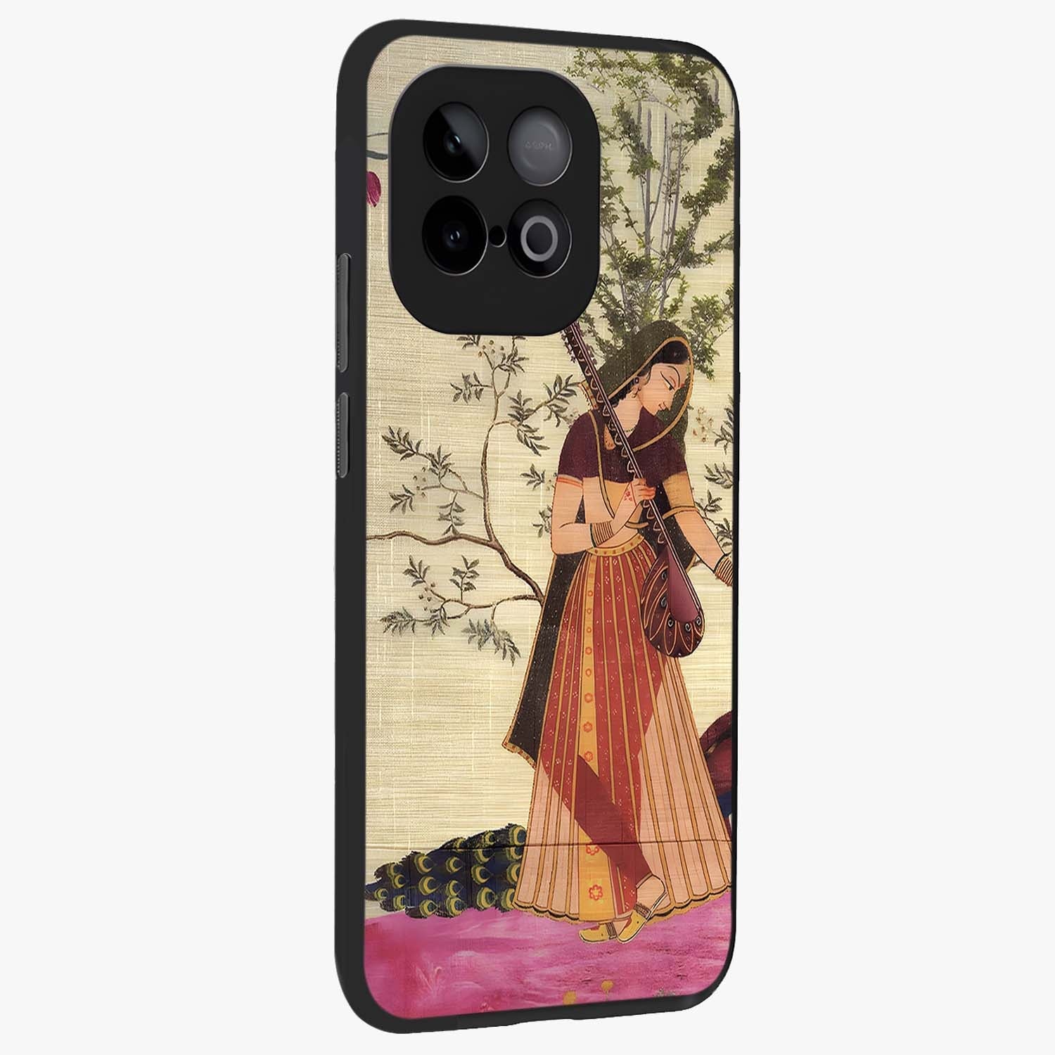 Lady With Veena Art Glass Case upright view showcasing classical veena artwork with traditional artistic theme.