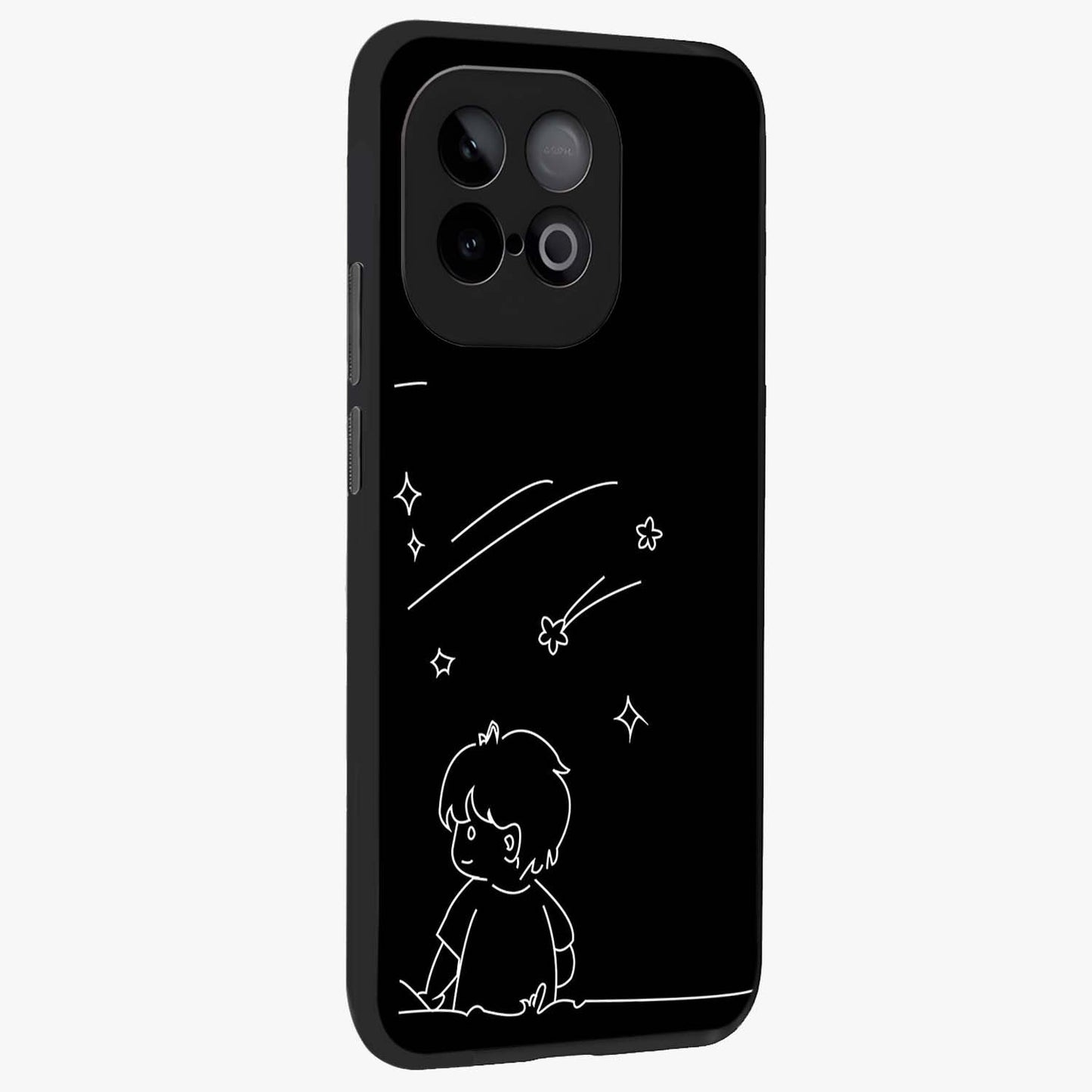 Line Art Boy With Shooting Stars Glass Case upright view showcasing artistic shooting star illustration with minimal style.
