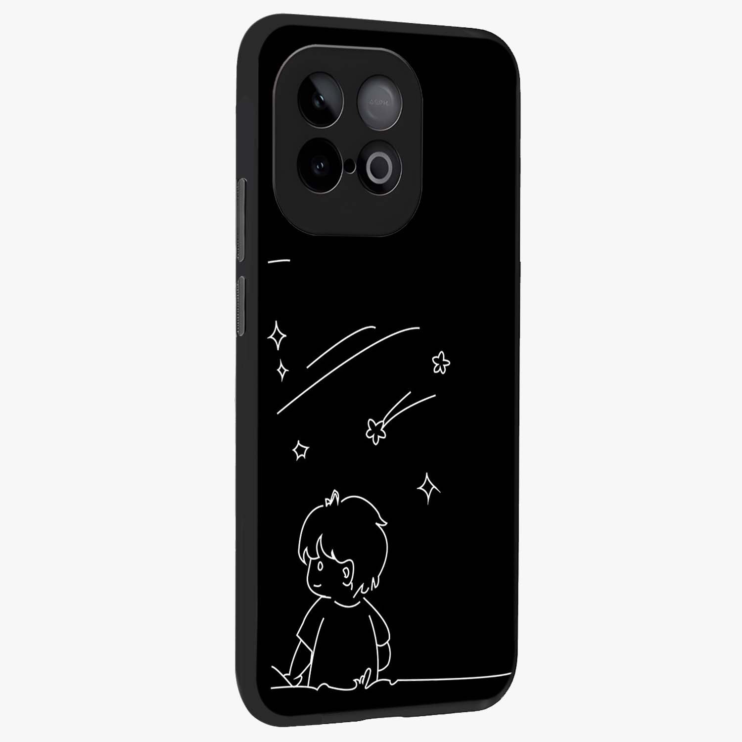 Line Art Boy With Shooting Stars Glass Case upright view showcasing artistic shooting star illustration with minimal style.