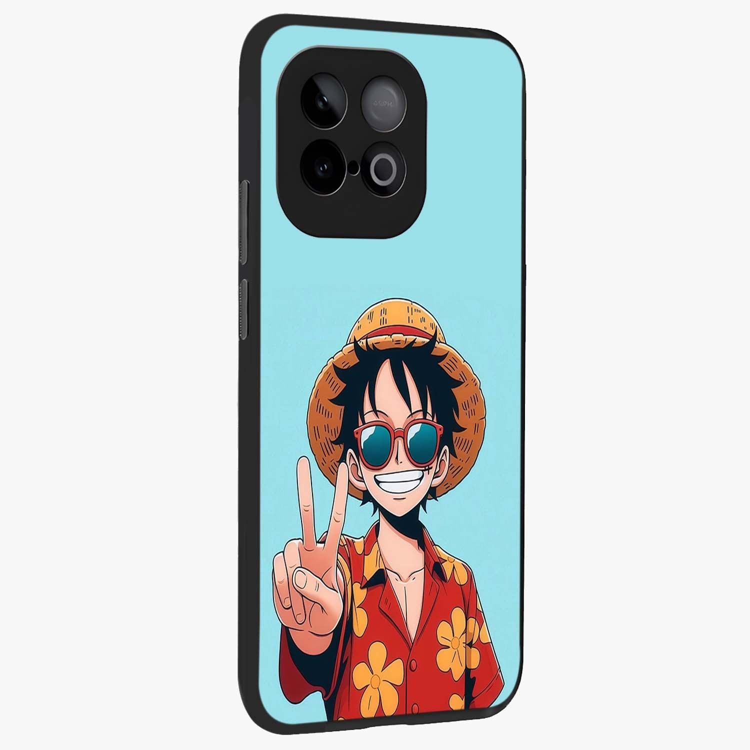 Luffy Summer Anime Vibe Glass Case upright view showcasing dynamic anime artwork with bright adventurous theme.