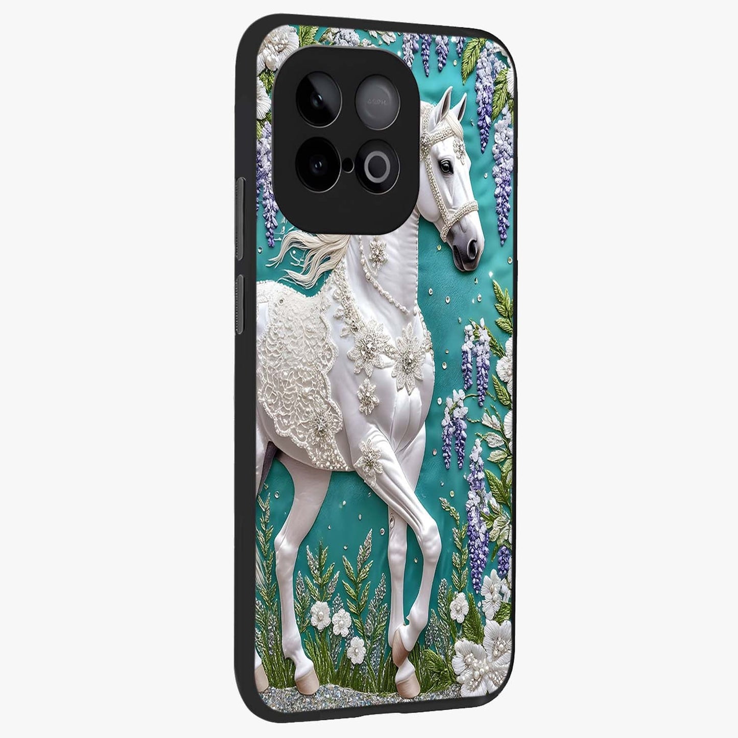 Majestic Floral Stallion Glass Case upright view showcasing dramatic horse artwork with decorative floral theme.