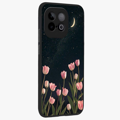 Midnight Tulip Whispers Vibe Glass Case upright view showcasing graceful tulip artwork with calm botanical theme.