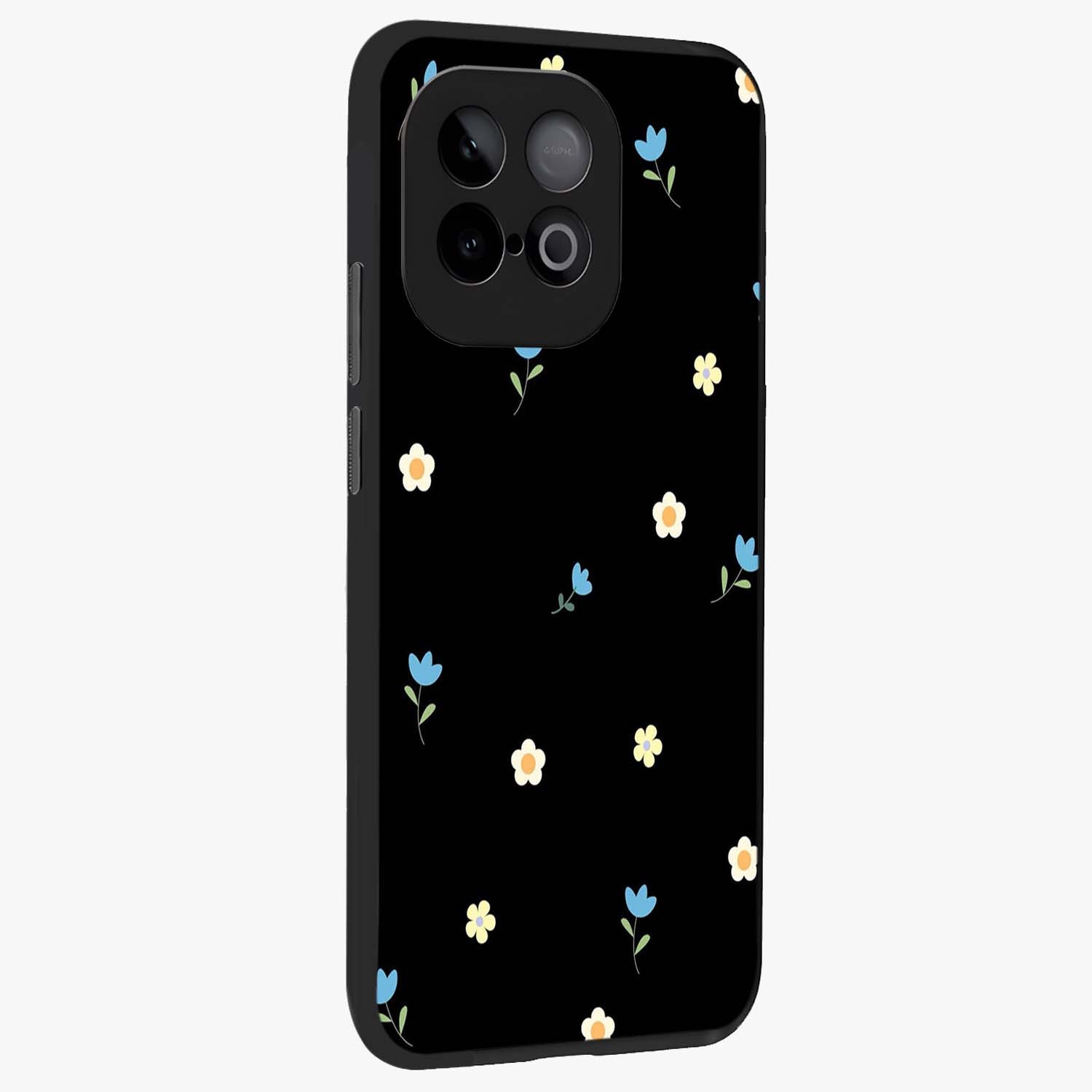 Minimal Petal Whispers Glass Case upright view showcasing elegant floral artwork with modern minimalist style.