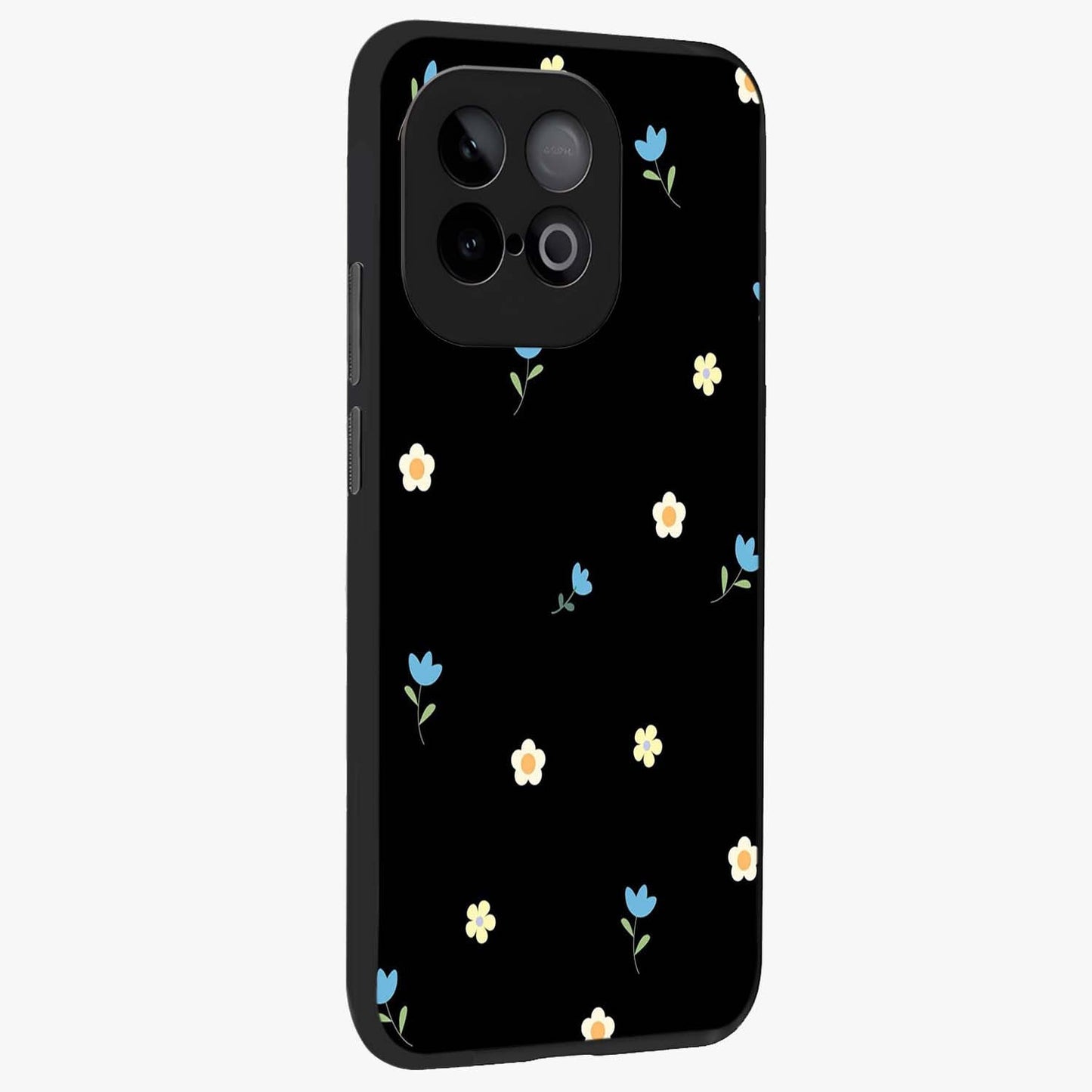 Minimal Petal Whispers Glass Case upright view showcasing elegant floral artwork with modern minimalist style.