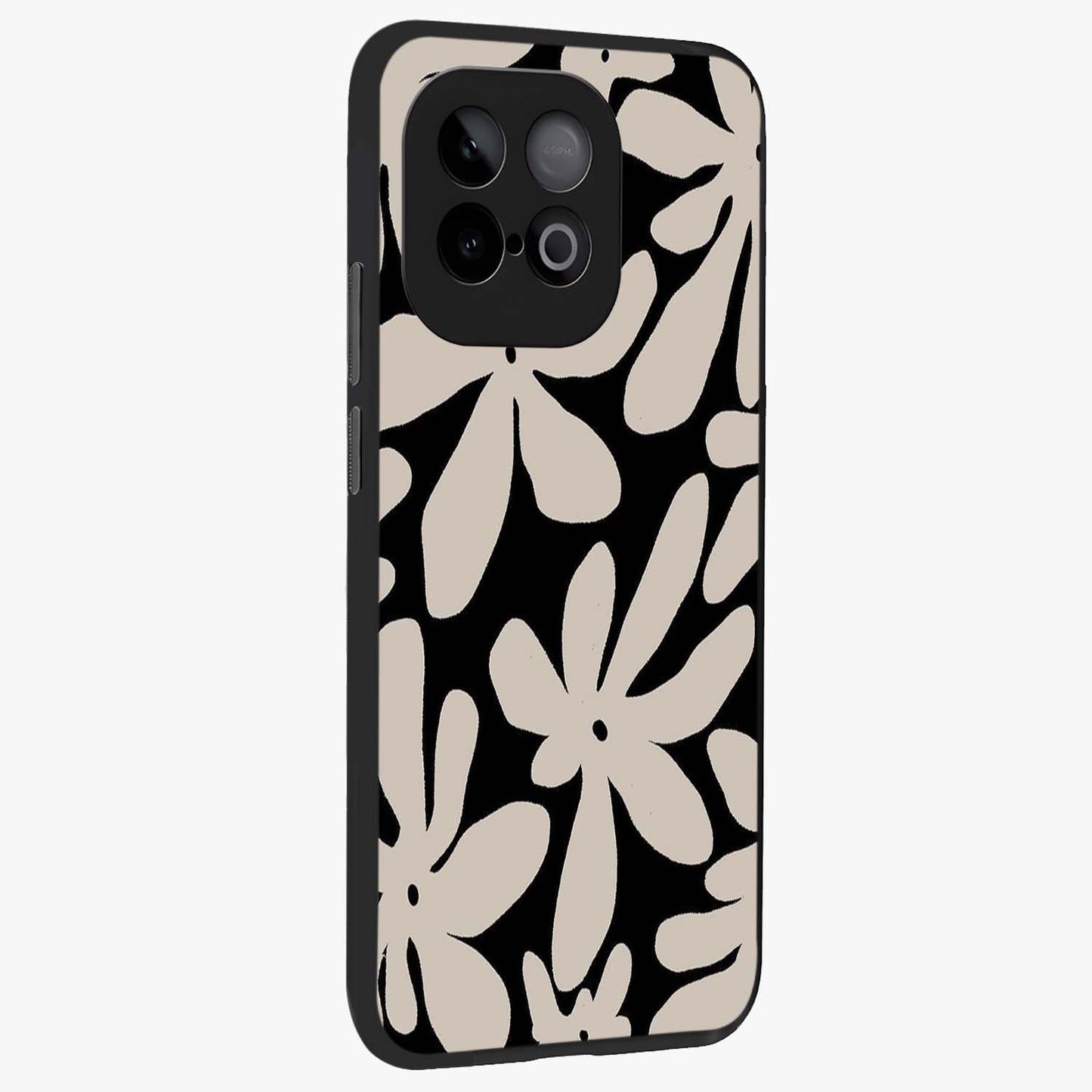 Monochrome Petal Dance Glass Case upright view showcasing artistic floral pattern with stylish monochrome theme.