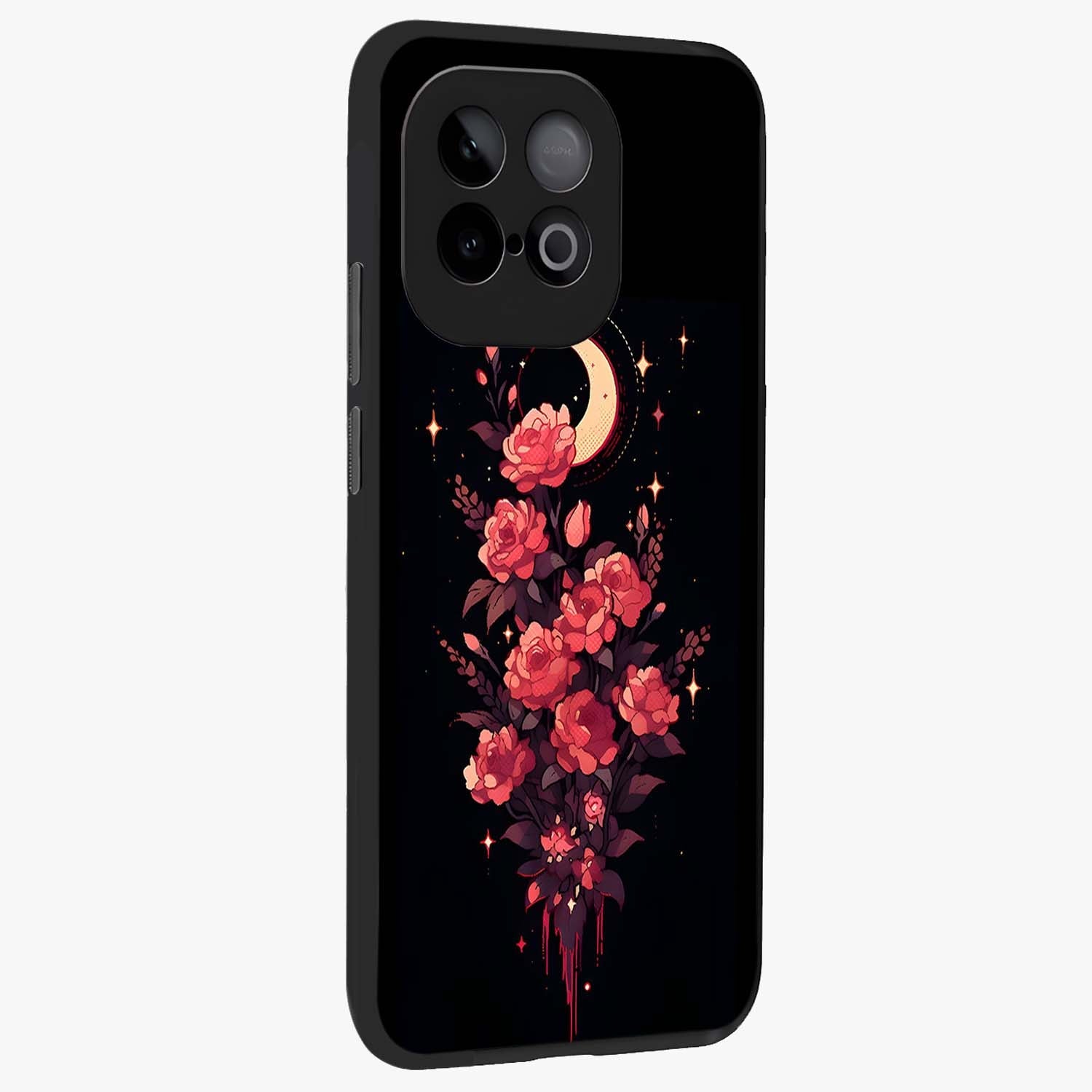 Moonlit Floral Elegance Glass Case upright view showcasing delicate floral artwork with refined night inspired theme.