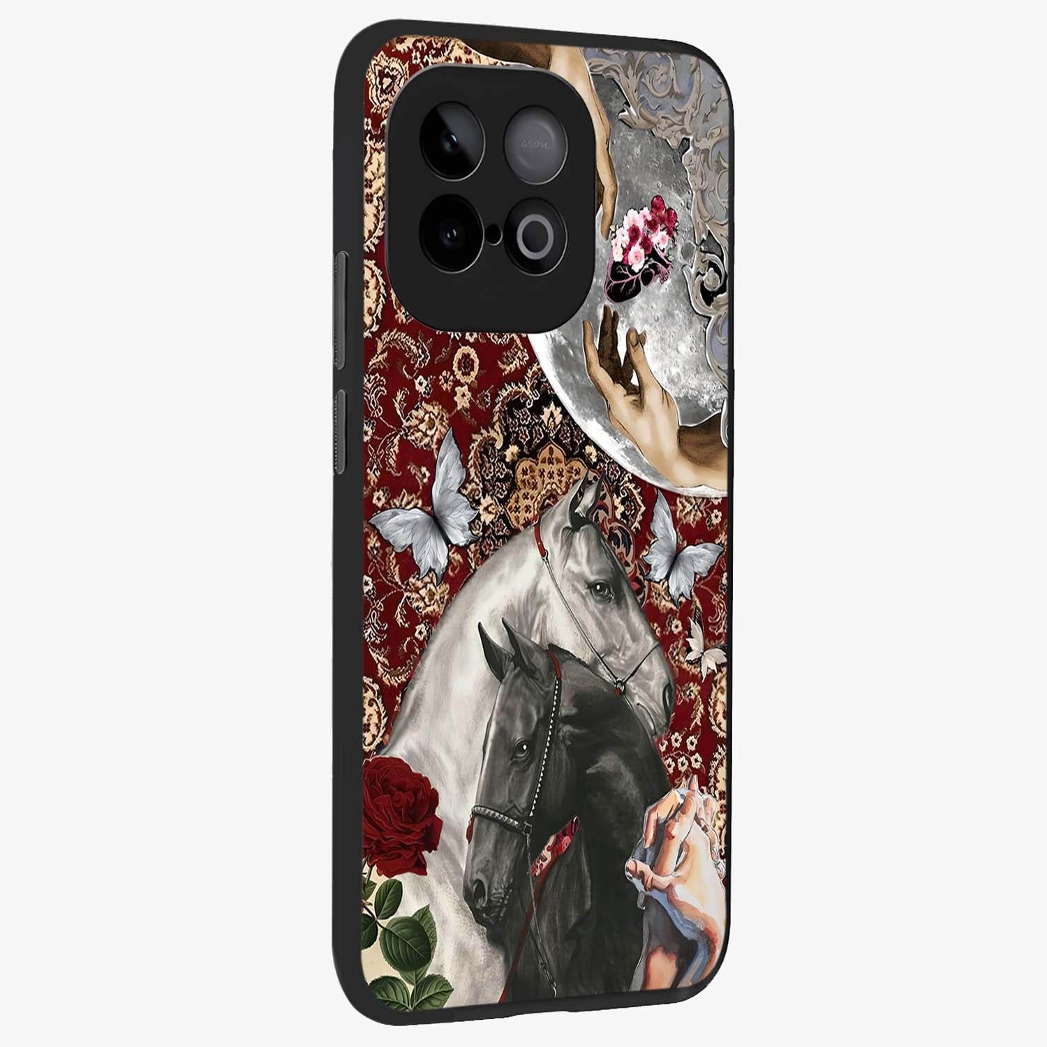 Moonlit Royal Stallion Glass Case upright view showcasing dramatic horse artwork with glowing moon themed design.