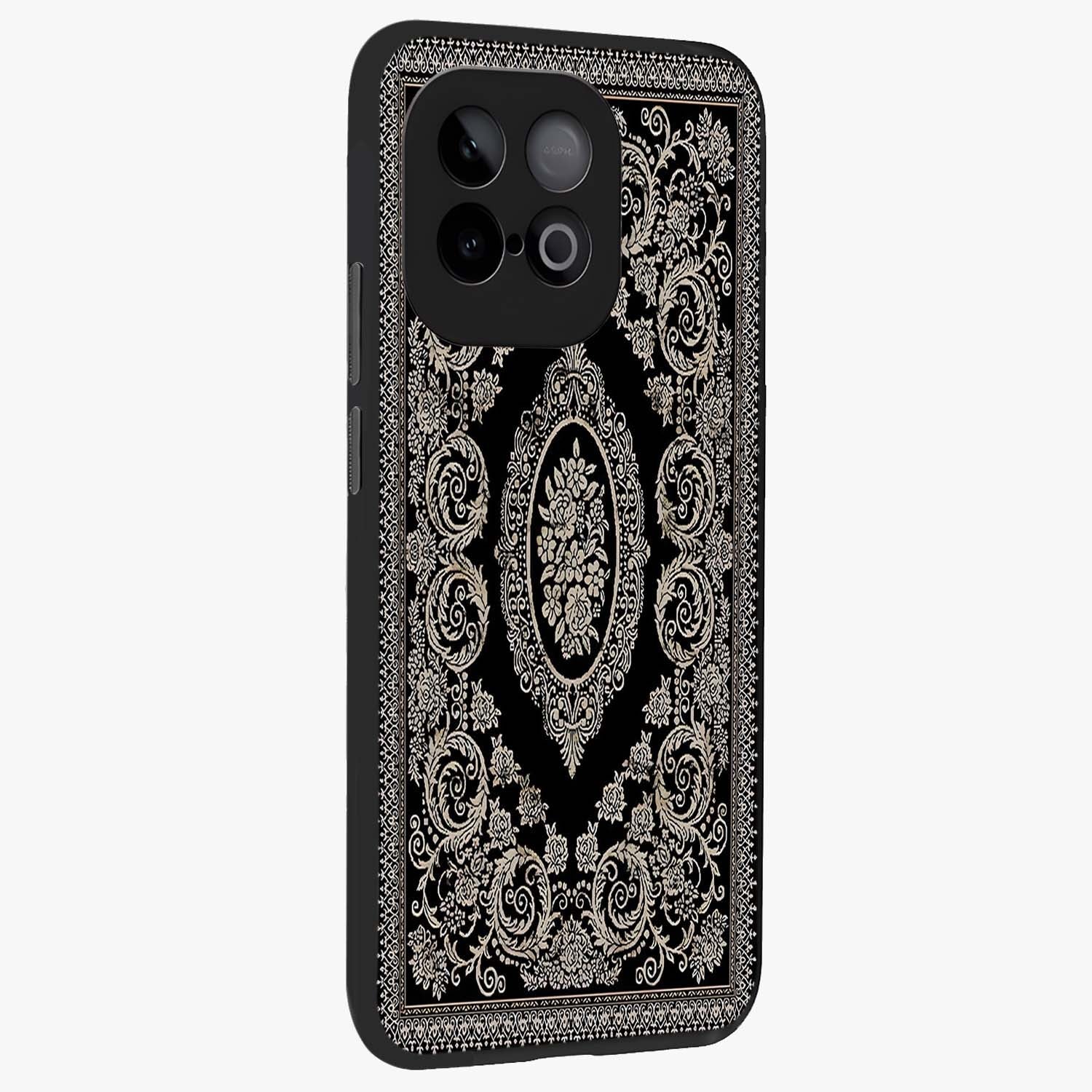 Noir Bloom Elegance Glass Case upright view showcasing graceful floral artwork with luxurious dark theme.