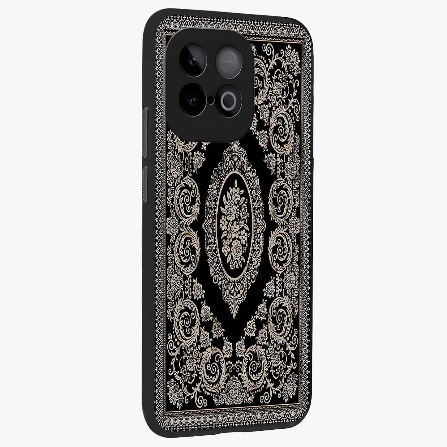 Noir Bloom Elegance Glass Case upright view showcasing graceful floral artwork with luxurious dark theme.