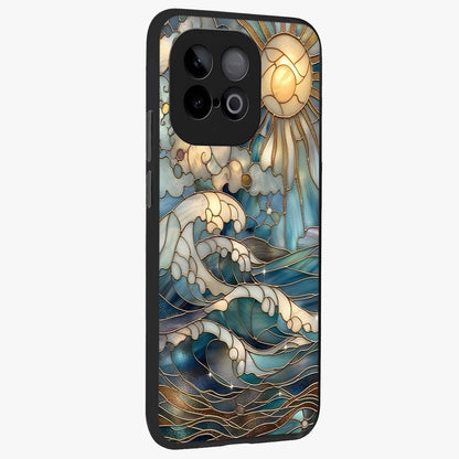 Oceanic Stained Printed Glass Case upright view showcasing decorative ocean pattern artwork with vibrant marine theme.