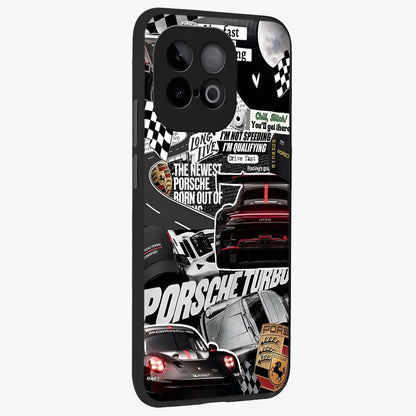 Porsche Racing Collage Glass Case upright view showcasing energetic car collage artwork with high speed racing theme.